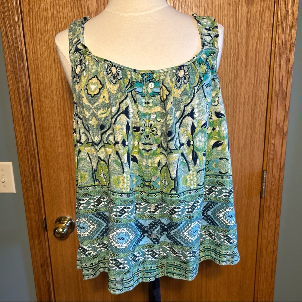 jane + delancey top Shirt‎ Woman’s XLarge Green Print Ruffle Strap BOHO Comfy